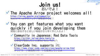 Apache Arrow 1.0 - A cross-language development platformfor in-memory data Powered by Rabbit 3.0.1
Join us!
おいでよ！
The Apache Arrow project welcomes all!
https://arrow.apache.org/community/
Apache Arrowプロジェクトは歓迎するよ！
✓
You can get features what you want
quickly if you join developing them
開発に参加すると欲しい機能がより早く手に入るよ！
Community in Japanese: Red Data Tools
https://gitter.im/red-data-tools/ja
日本語で相談したい人はRed Data Toolsへ
✓
ClearCode Inc. supports it:
https://www.clear-code.com/services/apache-arrow.html
クリアコードは商用サポートを提供しているよ
✓
✓
 