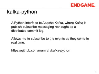 1616
kafka-python
A Python interface to Apache Kafka, where Kafka is
publish-subscribe messaging rethought as a
distribute...