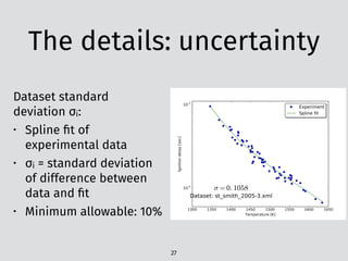 The details: uncertainty
Dataset standard
deviation σi:
• Spline ﬁt of
experimental data
• σi = standard deviation
of difference between
data and ﬁt
• Minimum allowable: 10%
27
 