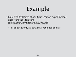Example
• Collected hydrogen shock-tube ignition experimental
data from the literature 
(doi:10.6084/m9.ﬁgshare.3482918.v1)
• 14 publications, 54 data sets, 786 data points
28
 
