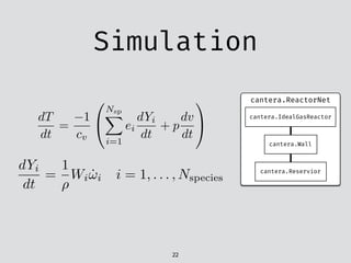 Simulation
22
dT
dt
=
1
cv
0
@
Nsp
X
i=1
ei
dYi
dt
+ p
dv
dt
1
A
dYi
dt
=
1
⇢
Wi ˙!i i = 1, . . . , Nspecies
cantera.ReactorNet
cantera.IdealGasReactor
cantera.Wall
cantera.Reservior
 