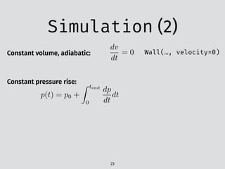 Simulation (2)
23
Constant volume, adiabatic:
dv
dt
= 0 Wall(…, velocity=0)
Constant pressure rise:
p(t) = p0 +
Z tend
0
dp
dt
dt
 