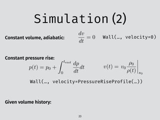 Simulation (2)
23
Constant volume, adiabatic:
dv
dt
= 0 Wall(…, velocity=0)
Constant pressure rise:
Wall(…, velocity=PressureRiseProfile(…))
p(t) = p0 +
Z tend
0
dp
dt
dt v(t) = v0
⇢0
⇢(t) s0
Given volume history:
 