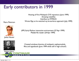 Early contributors in 1999
                                Hosting of ﬁrst Multipack CVS repository (June 1999)
                                                  Amazing makeﬁles
                                                Interface to FITPACK
                             Wrote f2py as he watched my brute-force approach (July 1999)
      Pearu Peterson



                         (IPP) Early IPython interactive environment (27 Apr 1999)
                                       Matlab ﬁle reader (24 Apr 1999)

        Janko Hauser


                             Created windows binaries of multipack, cephesmodule,
                            fftw, and signaltools (June 1999 while still in high school!)

        Robert Kern



Saturday, March 17, 12
 