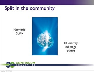 Split in the community


                         Numeric
                          SciPy

                                   Numarray
                                   ndimage
                                    others




Saturday, March 17, 12
 