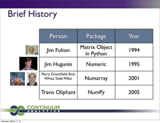 Brief History

                              Person               Package       Year
                                                 Matrix Object
                            Jim Fulton                           1994
                                                  in Python
                          Jim Hugunin              Numeric       1995
                         Perry Greenﬁeld, Rick
                          White, Todd Miller      Numarray       2001

                         Travis Oliphant            NumPy        2005



Saturday, March 17, 12
 