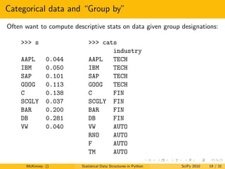 Categorical data and “Group by”
Often want to compute descriptive stats on data given group designations:

    >>> s      ...