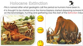 -This is named after what geologists call the period as humans have been in.
-It is thought to be started once the Homo-Sapiens started dispersing outward fr
on the land bridges, hunting and gathering was the start of the Extinction induc
 