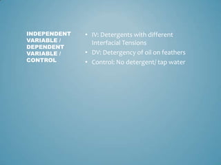 IV: Detergents with different Interfacial TensionsDV: Detergency of oil on feathersControl: No detergent/ tap waterIndependent Variable / Dependent Variable / Control