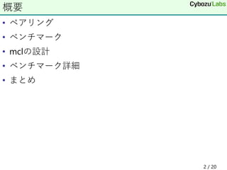 • ペアリング
• ベンチマーク
• mclの設計
• ベンチマーク詳細
• まとめ
概要
2 / 20
 