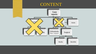 CONTENT
Case
reports
Young
(growing)
Removable
app.
Fixed app.
Adolescents
(non-growing)
Orthodontic
(Non- surgical)
Surgical
Maxilla Mandible
Adults
 