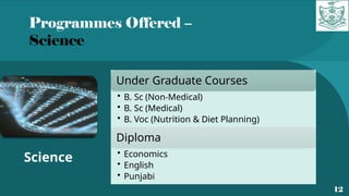 Programmes Offered –
Science
12
Science
Under Graduate Courses
• B. Sc (Non-Medical)
• B. Sc (Medical)
• B. Voc (Nutrition & Diet Planning)
Diploma
• Economics
• English
• Punjabi
 