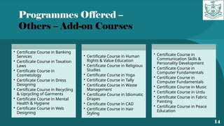 Programmes Offered –
Others – Add-on Courses
14
• Certificate Course in Human
Rights & Value Education
• Certificate Course in Religious
Studies
• Certificate Course in Yoga
• Certificate Course in Tally
• Certificate Course in Waste
Management
• Certificate Course in Idiomatic
Drapes
• Certificate Course in CAD
• Certificate Course in Hair
Styling
• Certificate Course in
Communication Skills &
Personality Development
• Certificate Course in
Computer Fundamentals
• Certificate Course in
Computer Fundamentals
• Certificate Course in Music
• Certificate Course in Urdu
• Certificate Course in Fabric
Painting
• Certificate Course in Peace
Education
• Certificate Course in Banking
Services
• Certificate Course in Taxation
Laws
• Certificate Course in
Cosmetology
• Certificate Course in Dress
Designing
• Certificate Course in Recycling
& Upcycling of Garments
• Certificate Course in Mental
Health & Hygiene
• Certificate Course in Web
Designing
 