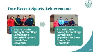 Our Recent Sports Achievements
2nd
position in
Rugby Intercollege
Competition
organized by Guru
Nanak Dev
University
• 21/12/22 to 02/01/23
2nd
position in
Boxing Intercollege
Competition
organised by Guru
Nanak Dev
University
• 26/12/22 to 31/12/22
27
 
