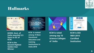 Hallmarks
MHRD, Govt. of
India awarded 3.5
Stars to IIC of
KCW.
KCW is the
Second Highest
Golden Star
Winner
KCW is rated
among top 10
Science Colleges
of India
KCW is ISO
9001:2015
Certified
Institution
5
KCW is ranked
among 10 Best
Vocational
Education and
training
Institutions in
India 2018
 