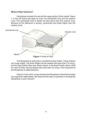 6
What is Plate Tectonics?	
	 Lithosphere consists of crust and the upper portion of the mantle. Figure
1 in the LM shows two types of crust, the continental crust and the oceanic
crust. The continental crust is thicker but less dense than the oceanic crust.
Because of the difference in density, continental crust floats higher than the
oceanic crust.
Figure 1. Kinds of crust
	 The lithosphere is said to be in constant but slow motion. These motions
can range widely. The Arctic Ridge has the slowest rate (less than 2.5 cm/yr),
and the East Pacific Rise near Easter Island, in the South Pacific about 3,400
km west of Chile, has the fastest rate (more than 15 cm/yr). This movement of
the lithosphere is called tectonics.
	 Figure 2 in the LM is a map showing the lithosphere of the Earth divided
into segments called plates. But what are the basis of scientists in dividing the
lithosphere in such manner?
Continental crust
Oceanic crust
Mantle
 