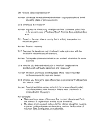 11
Q9. How are volcanoes distributed?
Answer: Volcanoes are not randomly distributed. Majority of them are found
along the edges of some continents.
Q10. Where are they located?
Answer: Majority are found along the edges of some continents, particularly 	
in the western coast of North and South America, East and South East
Asia.
	
Q11. Based on the map, state a country that is unlikely to experience a
volcanic eruption?
Answer: Answers may vary
Q12. Compare the location of majority of earthquake epicenters with the
location of volcanoes around the world.
Answer: Earthquake epicenters and volcanoes are both situated at the same
locations.
Q13. How will you relate the distribution of mountain ranges with the
distribution of earthquake epicenters and volcanoes?
Answer: Mountain ranges are found in places where volcanoes and/or 	
earthquake epicenters are also located.
Q14. What do you think is the basis of scientists in dividing Earth’s lithosphere
into several plates?
Answer: Geologic activities such as seismicity (occurrence of earthquake),
volcanism and mountain formation are the basis of scientists in
dividing Earth’s lithosphere.
Key concepts:
•	 Plates are large pieces of the upper few hundred kilometers of Earth
that move as a single unit as it floats above the mantle.
•	 The plates are in constant motion. As they interact along their margins,
important geological processes take place, such as the formation of
mountain belts, earthquakes, and volcanoes.
	
 