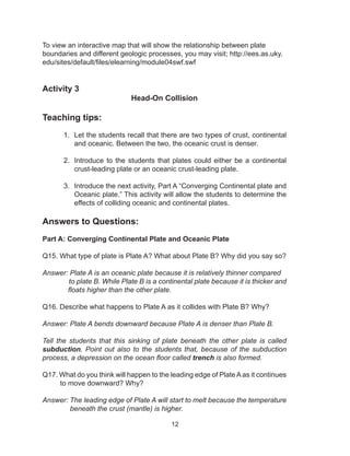 12
To view an interactive map that will show the relationship between plate
boundaries and different geologic processes, you may visit; http://ees.as.uky.
edu/sites/default/files/elearning/module04swf.swf
Activity 3
Head-On Collision
Teaching tips:
1.	 Let the students recall that there are two types of crust, continental
and oceanic. Between the two, the oceanic crust is denser.
2.	 Introduce to the students that plates could either be a continental
crust-leading plate or an oceanic crust-leading plate.
3.	 Introduce the next activity, Part A “Converging Continental plate and
Oceanic plate.” This activity will allow the students to determine the
effects of colliding oceanic and continental plates.
Answers to Questions:
Part A: Converging Continental Plate and Oceanic Plate
Q15. What type of plate is Plate A? What about Plate B? Why did you say so?
Answer: Plate A is an oceanic plate because it is relatively thinner compared
to plate B. While Plate B is a continental plate because it is thicker and
floats higher than the other plate.
Q16. Describe what happens to Plate A as it collides with Plate B? Why?
Answer: Plate A bends downward because Plate A is denser than Plate B.
Tell the students that this sinking of plate beneath the other plate is called
subduction. Point out also to the students that, because of the subduction
process, a depression on the ocean floor called trench is also formed.
Q17. What do you think will happen to the leading edge of PlateAas it continues
to move downward? Why?
Answer: The leading edge of Plate A will start to melt because the temperature
beneath the crust (mantle) is higher.
 