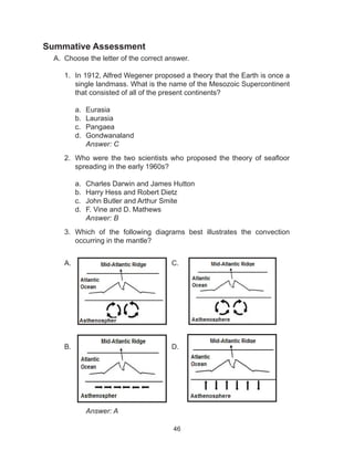 46
Summative Assessment	
A.	 Choose the letter of the correct answer.
1.	 In 1912, Alfred Wegener proposed a theory that the Earth is once a
single landmass. What is the name of the Mesozoic Supercontinent
that consisted of all of the present continents?
a.	 Eurasia
b.	 Laurasia
c.	 Pangaea
d.	 Gondwanaland
	 Answer: C
2.	 Who were the two scientists who proposed the theory of seafloor
spreading in the early 1960s?
a.	 Charles Darwin and James Hutton
b.	 Harry Hess and Robert Dietz
c.	 John Butler and Arthur Smite
d.	 F. Vine and D. Mathews
	 Answer: B
3.	 Which of the following diagrams best illustrates the convection
occurring in the mantle?
A. 					C.
B.					D.
	 Answer: A
 