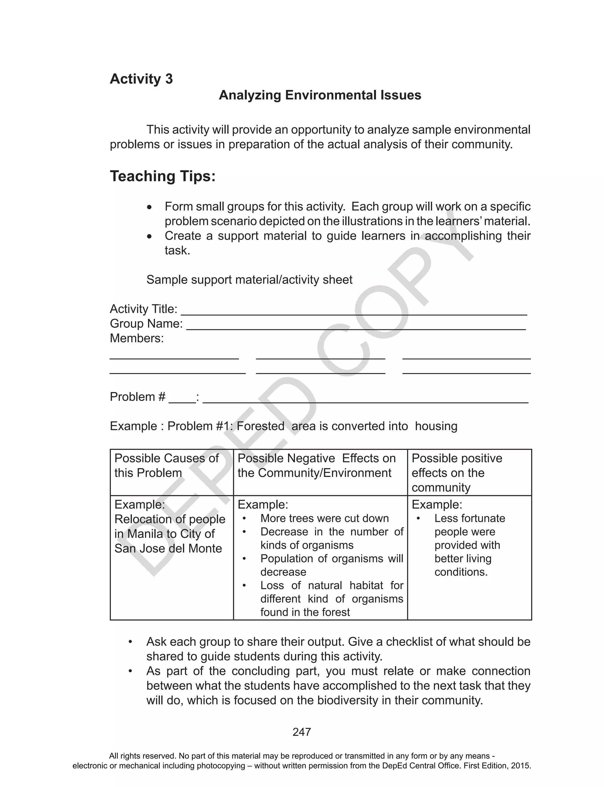 D
EPED
C
O
PY
247
Activity 3
Analyzing Environmental Issues
	 This activity will provide an opportunity to analyze sample environmental
problems or issues in preparation of the actual analysis of their community.
Teaching Tips:
•	 Form small groups for this activity. Each group will work on a specific
problem scenario depicted on the illustrations in the learners’material.
•	 Create a support material to guide learners in accomplishing their
task.
Sample support material/activity sheet
Activity Title: ___________________________________________________
Group Name: __________________________________________________
Members:
___________________	 ___________________	 ___________________
____________________	 ___________________	 ___________________
Problem # ____: ________________________________________________
Example : Problem #1: Forested area is converted into housing
Possible Causes of
this Problem
Possible Negative Effects on
the Community/Environment
Possible positive
effects on the
community
Example:
Relocation of people
in Manila to City of
San Jose del Monte
Example:
•	 More trees were cut down
•	 Decrease in the number of
kinds of organisms
•	 Population of organisms will
decrease
•	 Loss of natural habitat for
different kind of organisms
found in the forest
Example:
•	 Less fortunate
people were
provided with
better living
conditions.
•	 Ask each group to share their output. Give a checklist of what should be
shared to guide students during this activity.
•	 As part of the concluding part, you must relate or make connection
between what the students have accomplished to the next task that they
will do, which is focused on the biodiversity in their community.
All rights reserved. No part of this material may be reproduced or transmitted in any form or by any means -
electronic or mechanical including photocopying – without written permission from the DepEd Central Office. First Edition, 2015.
 