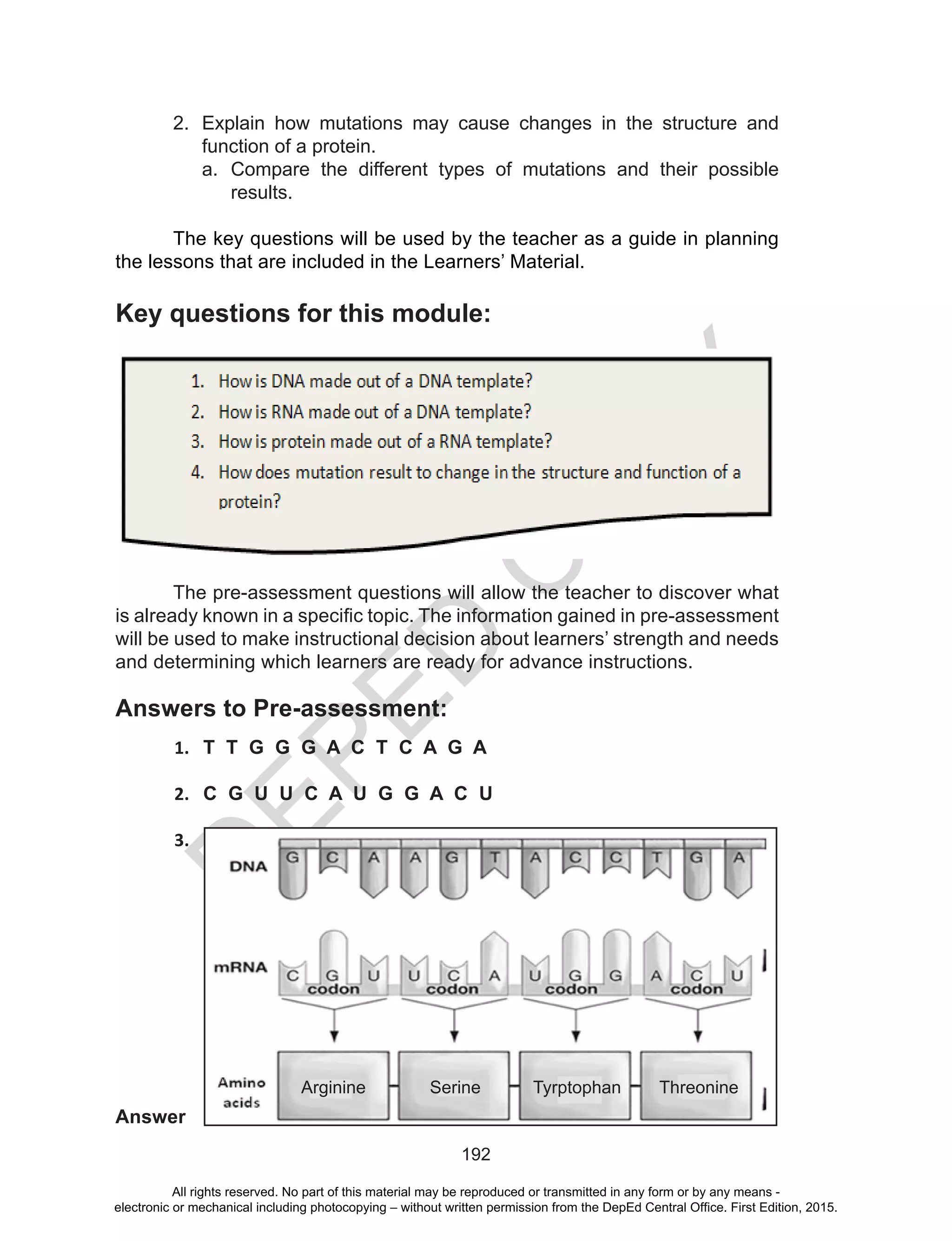 D
EPED
C
O
PY
192
2.	 Explain how mutations may cause changes in the structure and
function of a protein.
a.	 Compare the different types of mutations and their possible
results.
The key questions will be used by the teacher as a guide in planning
the lessons that are included in the Learners’ Material.
Key questions for this module:
The pre-assessment questions will allow the teacher to discover what
is already known in a specific topic. The information gained in pre-assessment
will be used to make instructional decision about learners’ strength and needs
and determining which learners are ready for advance instructions.
Answers to Pre-assessment:
1.	 T T G G G A C T C A G A
2.	 C G U U C A U G G A C U
3.	
Answer
Arginine Serine Tyrptophan Threonine
All rights reserved. No part of this material may be reproduced or transmitted in any form or by any means -
electronic or mechanical including photocopying – without written permission from the DepEd Central Office. First Edition, 2015.
 