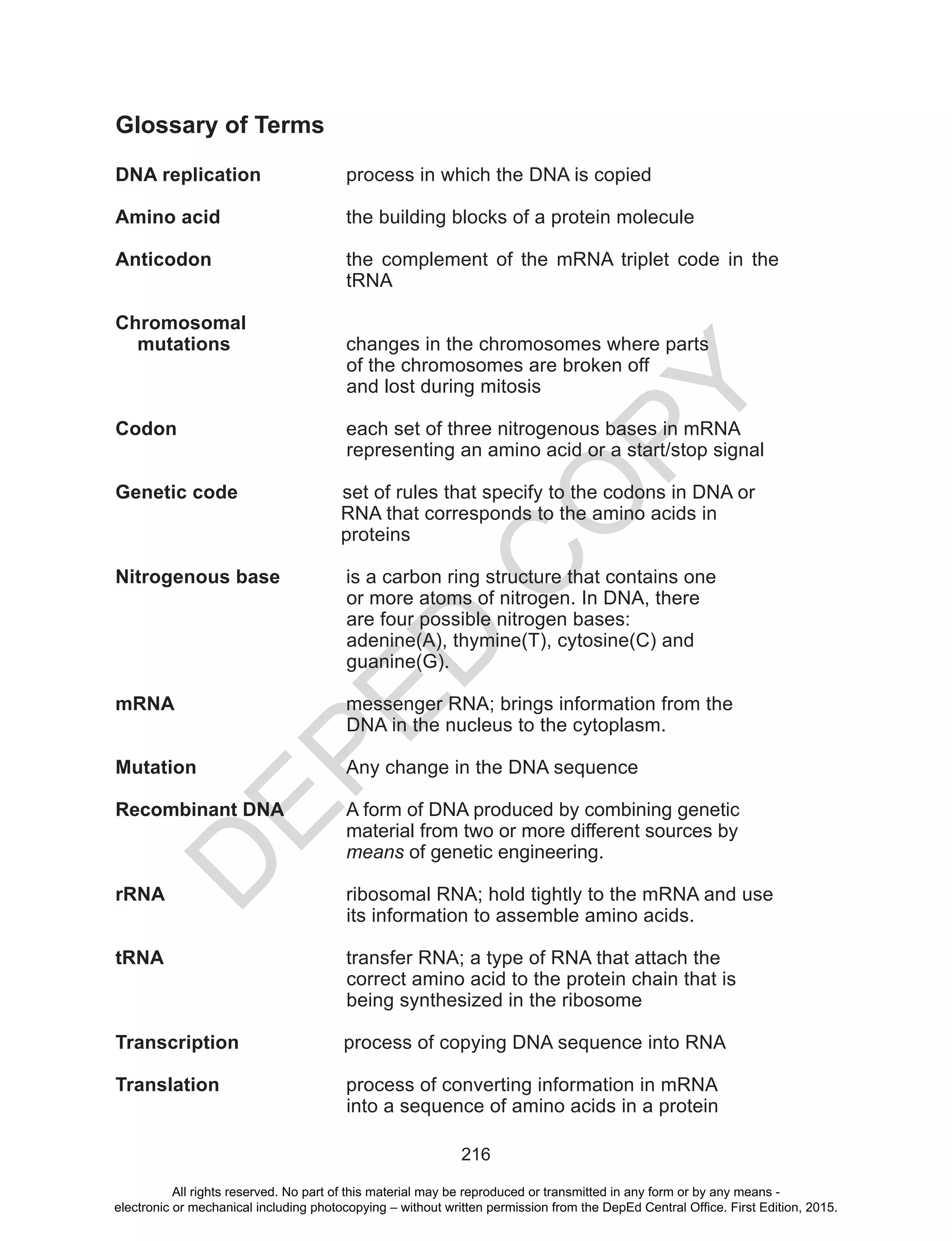 D
EPED
C
O
PY
216
Glossary of Terms
DNA replication	 process in which the DNA is copied
Amino acid			 the building blocks of a protein molecule
Anticodon	 the complement of the mRNA triplet code in the
tRNA
Chromosomal
mutations		 changes in the chromosomes where parts
of the chromosomes are broken off
and lost during mitosis
Codon			 each set of three nitrogenous bases in mRNA
representing an amino acid or a start/stop signal
Genetic code set of rules that specify to the codons in DNA or
RNA that corresponds to the amino acids in
proteins
Nitrogenous base		 is a carbon ring structure that contains one
or more atoms of nitrogen. In DNA, there
are four possible nitrogen bases:
adenine(A), thymine(T), cytosine(C) and
guanine(G).
mRNA			messenger RNA; brings information from the
DNA in the nucleus to the cytoplasm.
Mutation			 Any change in the DNA sequence
Recombinant DNA		 A form of DNA produced by combining genetic
				 material from two or more different sources by 		
				means of genetic engineering.
rRNA				 ribosomal RNA; hold tightly to the mRNA and use
its information to assemble amino acids.
tRNA 			 transfer RNA; a type of RNA that attach the
correct amino acid to the protein chain that is
being synthesized in the ribosome
Transcription process of copying DNA sequence into RNA
Translation			 process of converting information in mRNA
into a sequence of amino acids in a protein
All rights reserved. No part of this material may be reproduced or transmitted in any form or by any means -
electronic or mechanical including photocopying – without written permission from the DepEd Central Office. First Edition, 2015.
 