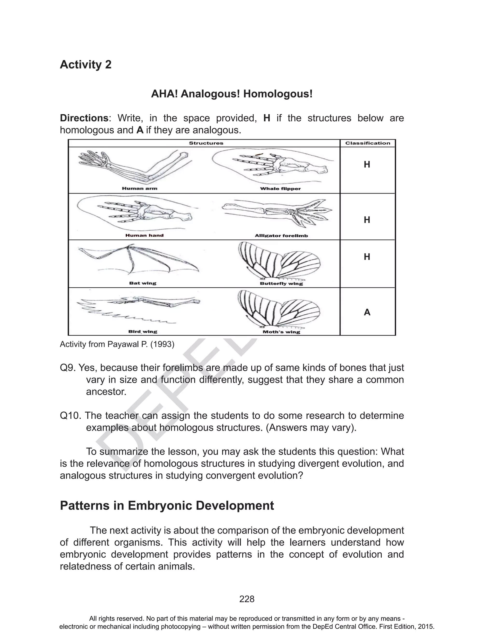 D
EPED
C
O
PY
228
Activity 2
AHA! Analogous! Homologous!
Directions: Write, in the space provided, H if the structures below are
homologous and A if they are analogous.
Activity from Payawal P. (1993)
Q9. Yes, because their forelimbs are made up of same kinds of bones that just
vary in size and function differently, suggest that they share a common
ancestor.
Q10. The teacher can assign the students to do some research to determine
examples about homologous structures. (Answers may vary).
To summarize the lesson, you may ask the students this question: What
is the relevance of homologous structures in studying divergent evolution, and
analogous structures in studying convergent evolution?
Patterns in Embryonic Development	
	The next activity is about the comparison of the embryonic development
of different organisms. This activity will help the learners understand how
embryonic development provides patterns in the concept of evolution and
relatedness of certain animals.
H
H
H
A
All rights reserved. No part of this material may be reproduced or transmitted in any form or by any means -
electronic or mechanical including photocopying – without written permission from the DepEd Central Office. First Edition, 2015.
 