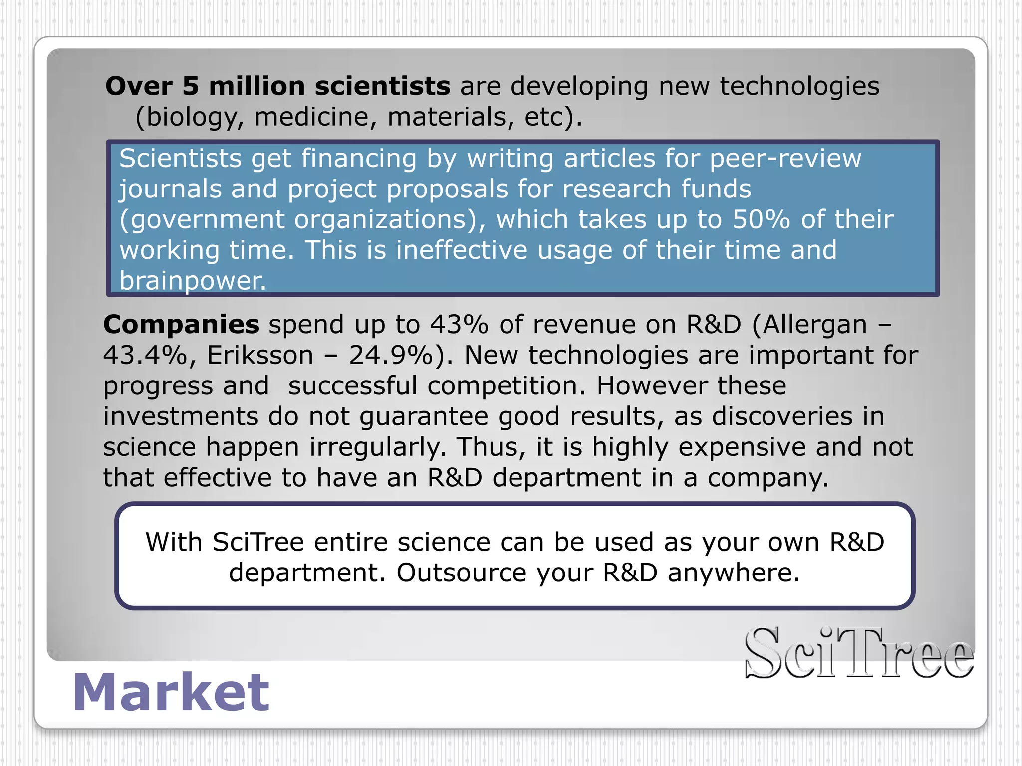 Over 5 million scientists are developing new technologies
  (biology, medicine, materials, etc).
  Scientists get financing by writing articles for peer-review
  journals and project proposals for research funds
  (government organizations), which takes up to 50% of their
  working time. This is ineffective usage of their time and
  brainpower.
Companies spend up to 43% of revenue on R&D (Allergan –
43.4%, Eriksson – 24.9%). New technologies are important for
progress and successful competition. However these
investments do not guarantee good results, as discoveries in
science happen irregularly. Thus, it is highly expensive and not
that effective to have an R&D department in a company.

   With SciTree entire science can be used as your own R&D
         department. Outsource your R&D anywhere.




Market
 