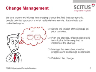 Change Management

We use proven techniques in managing change but find that a pragmatic,
people oriented approach is what really delivers results. Let us help you
make the leap to:

                                          Define the impact of the change on
                                          your business

                                          Plan the process, organisational and
                                          technical activities required to
                                          implement the change

                                          Manage the execution, monitor
                                          progress and encourage acceptance

                                          Establish the change



SCITUS Integrated Projects Services                                            5
 