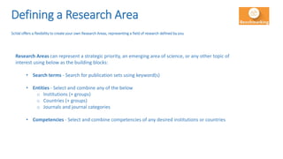 Defining a Research Area
SciVal offers a flexibility to create your own Research Areas, representing a field of research defined by you
Research Areas can represent a strategic priority, an emerging area of science, or any other topic of
interest using below as the building blocks:
• Search terms - Search for publication sets using keyword(s)
• Entities - Select and combine any of the below
o Institutions (+ groups)
o Countries (+ groups)
o Journals and journal categories
• Competencies - Select and combine competencies of any desired institutions or countries
 
