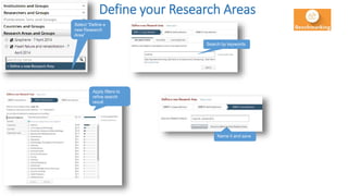 Select “Define a
new Research
Area”
Search by keywords
Apply filters to
refine search
result
Name it and save
Define your Research Areas
 