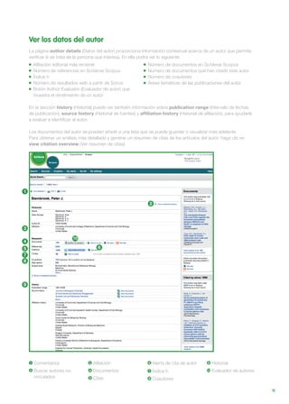 11
Ver los datos del autor
La página author details (Datos del autor) proporciona información contextual acerca de un autor que permite
verificar si se trata de la persona que interesa. En ella podrá ver lo siguiente:
Afiliación editorial más reciente	 Número de documentos en SciVerse Scopus
Número de referencias en SciVerse Scopus	 Número de documentos que han citado este autor
Índice h	 Número de coautores
Número de resultados web a partir de Scirus	 Áreas temáticas de las publicaciones del autor
Botón Author Evaluator (Evaluador de autor) que
muestra el rendimiento de un autor
En la sección history (Historial) puede ver también información sobre publication range (Intervalo de fechas
de publicación), source history (Historial de fuentes) y affiliation history (Historial de afiliación), para ayudarle
a evaluar e identificar al autor.
Los documentos del autor se pueden añadir a una lista que se puede guardar o visualizar más adelante.
Para obtener un análisis más detallado y generar un resumen de citas de los artículos del autor, haga clic en
view citation overview (Ver resumen de citas).
1 Comentarios
2 Buscar autores no
vinculados
3 Afiliación
4 Documentos
5 Citas
6 Alerta de cita de autor
7 Índice h
8 Coautores
9 Historial
10 Evaluador de autores
2
1
3
4
5
9
8
6
7
10
 