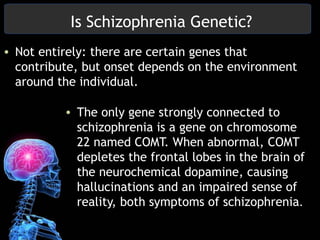 Is Schizophrenia Genetic?
• The only gene strongly connected to
schizophrenia is a gene on chromosome
22 named COMT. When abnormal, COMT
depletes the frontal lobes in the brain of
the neurochemical dopamine, causing
hallucinations and an impaired sense of
reality, both symptoms of schizophrenia.
• Not entirely: there are certain genes that
contribute, but onset depends on the environment
around the individual.
 