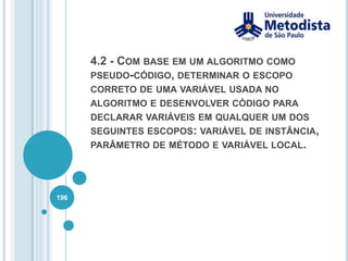 Polimorfismo com Interface182/** * Classe utilizada para representar um Livro, esta classe * implementa a interface Comparavel. */publicclass Livro implementsComparavel {private String autor;private String titulo;public Livro(String autor, String titulo) {this.autor = autor;this.titulo = titulo;    }public String getAutor() {return autor;    }publicvoidsetAutor(String autor) {this.autor = autor;    }public String getTitulo() {return titulo;    }Guia de Estudos para SCJA