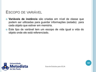Polimorfismo com Interface183    public void setTitulo(String titulo) {this.titulo = titulo;    }publicint comparar(Object o) {intcomparacao = 0;        //Verifica se o objeto que vai comparar é do tipo Livro.if (o instanceof Livro) {            Livro livro = (Livro) o;comparacao = this.getAutor().compareTo(livro.getAutor());            //Se os autores forem iguais, compara o titulo dos livros.if (comparacao == 0) {comparacao = this.getTitulo().compareTo(livro.getTitulo());            }        }returncomparacao;    }}Guia de Estudos para SCJA