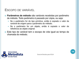 Polimorfismo com Interface184/** * Classe utilizada para testar a ordenação genérica. */publicclassTestarOrdenacao {publicstaticvoidmain(String[] args) {        /* Cria uma vetor de livros. */        Livro[] livros = new Livro[4];        livros[0] = new Livro("Sakurai", "Almoçando com Java");        livros[1] = new Livro("Cristiano", "Classes Java em fila indiana");        livros[2] = new Livro("Sakurai", "Java em todo lugar");        livros[3] = new Livro("Cristiano", "Viajando no Java");        /* Ordena os livros */        Ordenar o = new Ordenar();o.ordenar(livros);        /* Imprime os livros ordenados. */        for(intcont = 0; cont < livros.length; cont++) {            System.out.println("Autor: " + livros[cont].getAutor());            System.out.println("Livro: " + livros[cont].getTitulo());            System.out.println("\n---------\n");        }    }}Guia de Estudos para SCJA