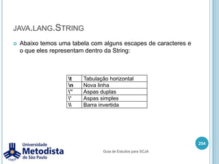 Operadores lógicosSímbolo ! é chamado de negação. Este operador retorna true se o operando tem o valor false, e retorna false se o operando o valor true.! <operando>	Tabela verdade:240Guia de Estudos para SCJA