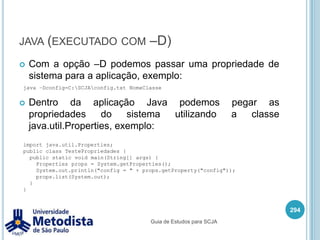 javac (compilando com –classpath)O classpath é composto por vários diretóriosNo windows separamos os diretórios por ponto e virgula ( ; ) e as pastas dos diretórios separamos com barra invertida (\).No linux separamos os diretórios por dois pontos ( : ) e as pastas dos diretórios separamos com barra normal ( / ).280javac -classpath <diretórios> NomeClasse.javajavac –classpath metodista\modelo;metodista\relatorio\metodista\teste\RelatorioAluno.javajavac –classpath metodista/modelo:metodista/relatorio/metodista/teste/RelatorioAluno.javaGuia de Estudos para SCJA