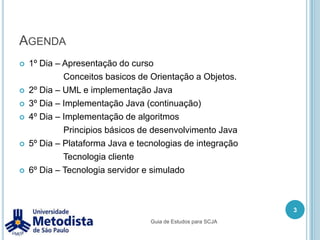Agenda1º Dia – Apresentação do curso 		     Conceitos basicos de Orientação a Objetos.2º Dia – UML e implementação Java3º Dia – Implementação Java (continuação)4º Dia – Implementação de algoritmos		     Principios básicos de desenvolvimento Java5º Dia – Plataforma Java e tecnologias de integração		     Tecnologia cliente6º Dia – Tecnologia servidor e simulado3Guia de Estudos para SCJA