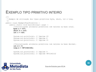 Java Virtual Machine (JVM)A Java Virtual Machine é uma maquina imaginaria que é implementada através da emulação em software.Existe uma JVM diferente para cada Sistema Operacional.Uma vez que sua aplicação é criada, a mesma pode ser executada em diversos Sistemas Operacionais sem precisar recompilar.76Guia de Estudos para SCJA.java.classbytecodeJVMJVMJVMLinuxWindowsOutros
