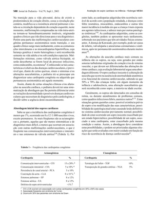S88 Jornal de Pediatria - Vol.79, Supl.1, 2003
Na transição para a vida pós-natal, deixa de existir a
predominância do coração direito, cessa a circulação pla-
centária, modifica-se a resistência arterial pulmonar e ins-
tala-se a circulação dependente do coração esquerdo; neste
momento, malformações compensadas na vida intra-uteri-
na tornam-se hemodinamicamente instáveis, originando
quadros clínicos que irão direcionar para o seu diagnóstico.
Porém uma parte das malformações cardiovasculares con-
gênitas permanece assintomática nesta transição, e seu
quadro clínico surge mais tardiamente, como as comunica-
ções intercâmaras e as miocardiopatias hipertróficas, cuja
herança genética é muito heterogênea e será reconhecida
somente na vida adulta e/ou sob condições especiais. Mal-
formações mínimas, como válvula aórtica bicúspide, só
serão descobertas se forem local de processo infeccioso,
comoendocardite,ouestenose5.Conhecendo-setaiscarac-
terísticas evolutivas das doenças cardiovasculares, é previ-
sível que, diante de certas queixas, sinais e sintomas e/ou
alterações auscultatórias, o pediatra irá se preocupar em
diagnosticar uma cardiopatia congênita ou adquirida que
permaneceu assintomática até aquele momento.
Assim, diante de certas situações clínicas e/ou altera-
ções na ausculta cardíaca, o pediatra deverá ter uma siste-
matização de abordagem que lhe permita diferenciar entre
asvariaçõesdanormalidadeepossíveisdoençascardiovas-
culares que necessitam de diagnóstico pelo cardiologista, e
decidir sobre a urgência deste encaminhamento.
Abordagem inicial dos sopros cardíacos
Sabe-se que a incidência das cardiopatias congênitas é
menor que 1%, ocorrendo em 8 a 12 /1.000 nascidos vivos,
exceto prematuros. As mais freqüentes são as acianogêni-
cas e, portanto, aquelas que são menos sintomáticas e de
diagnóstico mais difícil, a menos que ocorram em associa-
ção com outras malformações cardiovasculares, o que é
freqüente nas comunicações interventriculares e interatri-
ais e nas estenoses de válvula aórtica5,6 (Tabela 1). Por
outro lado, as cardiopatias adquiridas têm ocorrência vari-
ável de acordo com a população estudada, e doenças como
febre reumática, miocardites, endocardites e outras têm
maior incidência à medida em que a criança é mais exposta
aos agentes infecciosos, e adoece mais por outras patologi-
as sistêmicas7-9. As cardiopatias adquiridas, como as con-
gênitas, também podem se apresentar mais tardiamente,
sobretudo nos pacientes que têm atividades físicas extenu-
antes. A doença de Kawasaki, por exemplo, pode ser causa
de infarto, valvulopatia e aneurismas coronarianos e sistê-
micos, após ter permanecido assintomática durante muitos
anos10.
As alterações da ausculta cardíaca mais comuns na
infância são os sopros, ou seja, sons gerados por ondas
sonoras turbulentas originadas do coração e/ou do sistema
vascular, e que devem ser diferenciadas das alterações do
ritmocardíaco,cujaavaliaçãolaboratorialsegueumaabor-
dagem diferente. O sopro cardíaco inocente é a alteração da
auscultaqueocorrenaausênciadeanormalidadeanatômica
e/ou funcional do sistema cardiovascular, sabendo-se que
50% a 70% das crianças terão, em algum momento da
infância e adolescência, uma alteração auscultatória que
será reconhecida como sopro, a maioria na idade escolar.
Geralmente, os sopros são detectados em consultas de
rotina, ou durante atendimentos de problemas comuns,
comoquadrosinfecciososfebris,anemiaeoutros6,11.Estas
situações geram questões como: possível existência prévia
do sopro e/ou modificação das suas características; possi-
bilidadedeapatologiaatualestarcausandolesãodefinitiva
no sistema cardiovascular previamente normal; possibili-
dade de estar ocorrendo um sopro inocente exacerbado por
um estado hipercinético; possibilidade de um sopro, asso-
ciado a uma cardiopatia, estar exacerbado pela mesma
condição e outras. Assim, a abordagem deve considerar
estas possibilidades, e podem ser priorizadas algumas situ-
ações que serão avaliadas com maior cuidado em função do
risco de ocorrência de doença cardiovascular6 .
Tabela 1 - Freqüência das cardiopatias congênitas
* CIV e CIA ocorrem em associação com outras cardiopatias congênitas em 30% a 50% dos casos.
† Associação freqüente com síndrome de Turner.
‡ Ocorre em 30% dos pacientes com síndrome de Down .
Acianogênicas Cianogênicas
Cardiopatia % Cardiopatia %
Comunicação interventricular – CIV 15 a 20% * Tetralogia de Fallot – TOF 10%
Comunicação interatrial – CIA 5 a 10% * Transposição de grandes artérias – TGA 5%
Persistência do canal arterial – PCA 5 a 10%
Coarctação da aorta – CoA 8 a 10 % †
Estenose pulmonar – EP 8 a 12%
Estenose aórtica – EA 8 a 12%
Defeitos do septo atrioventricular <1% ‡
Avaliação do sopro cardíaco na infância - Kobinger MEBA
 