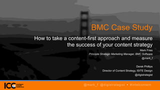BMC Case Study
How to take a content-first approach and measure
the success of your content strategy
Mark Fries
Principle Strategic Marketing Manager, BMC Software
@mark_f
Derek Phillips
Director of Content Strategy, ISITE Design
@digistrategist
@mark_f @digistrategist • #intelcontent
 