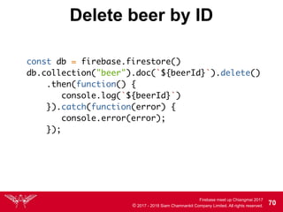 Firebase meet up Chiangmai 2017
© 2017 - 2018 Siam Chamnankit Company Limited. All rights reserved. 70
Delete beer by ID
const db = firebase.firestore()
db.collection("beer").doc(`${beerId}`).delete()
.then(function() {
console.log(`${beerId}`)
}).catch(function(error) {
console.error(error);
});
 