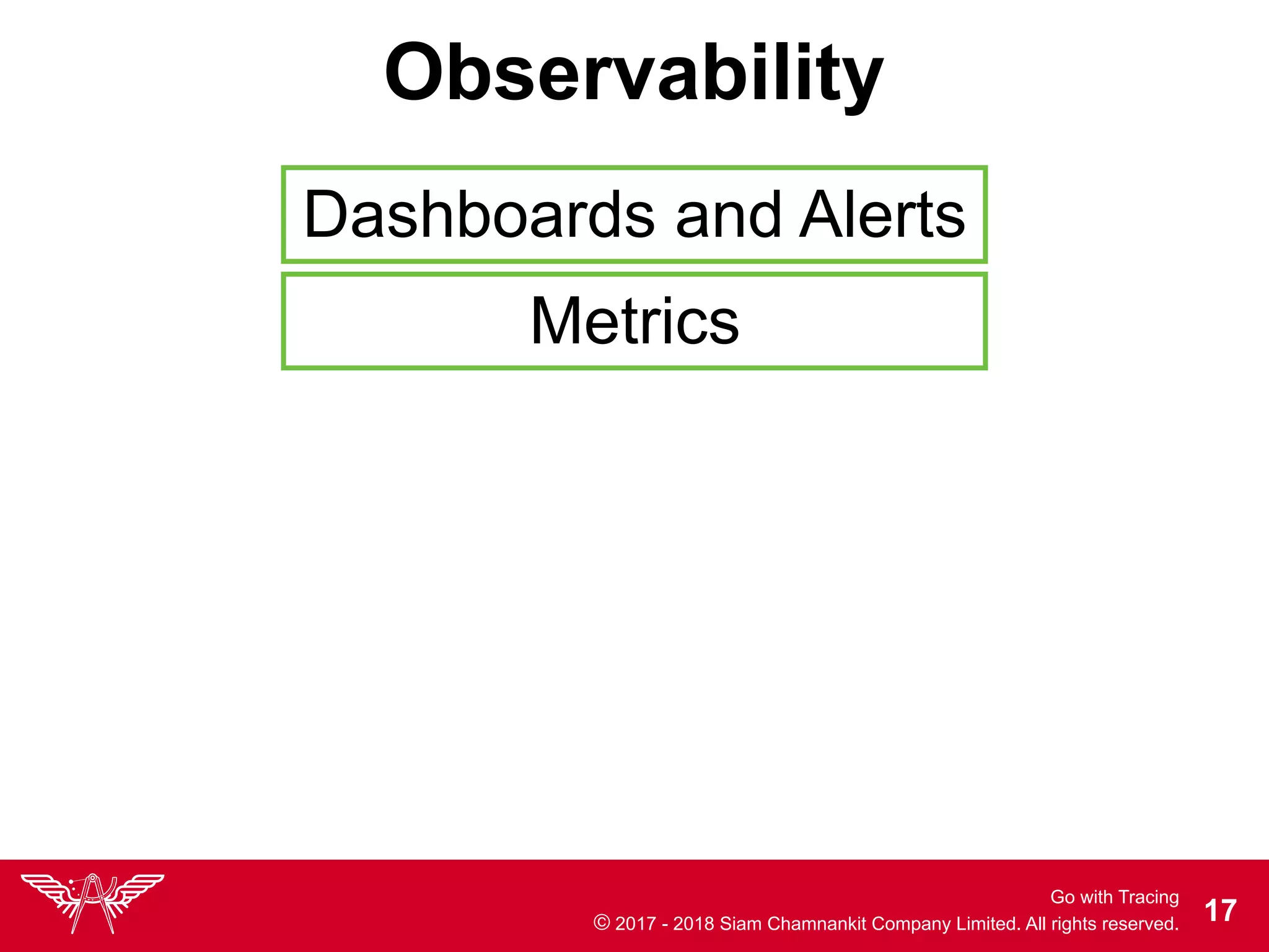 Go with Tracing
© 2017 - 2018 Siam Chamnankit Company Limited. All rights reserved. !17
Observability
Dashboards and Alerts
Metrics
 