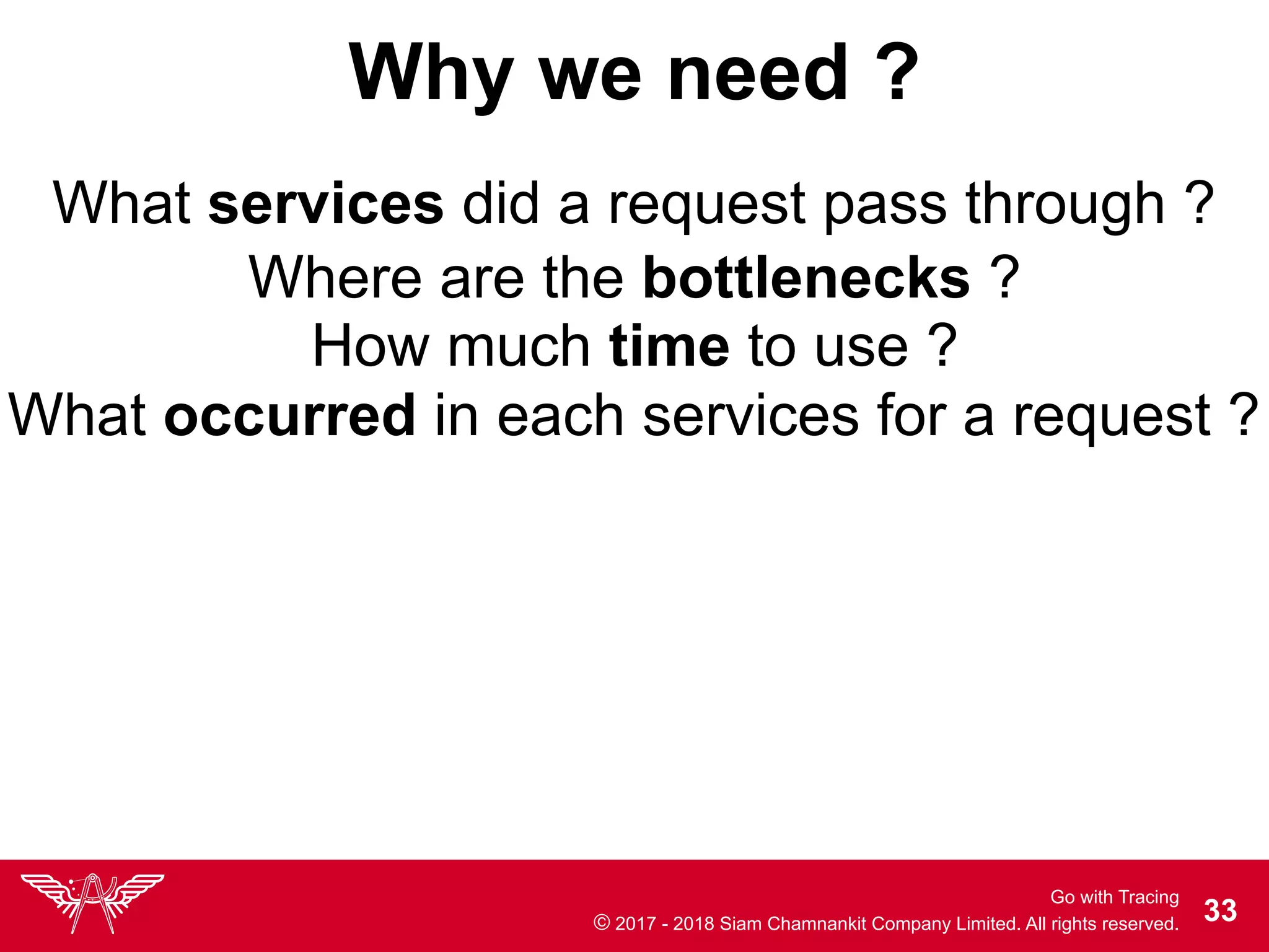 Go with Tracing
© 2017 - 2018 Siam Chamnankit Company Limited. All rights reserved. !33
Why we need ?
Where are the bottlenecks ?
What services did a request pass through ?
How much time to use ?
What occurred in each services for a request ?
 