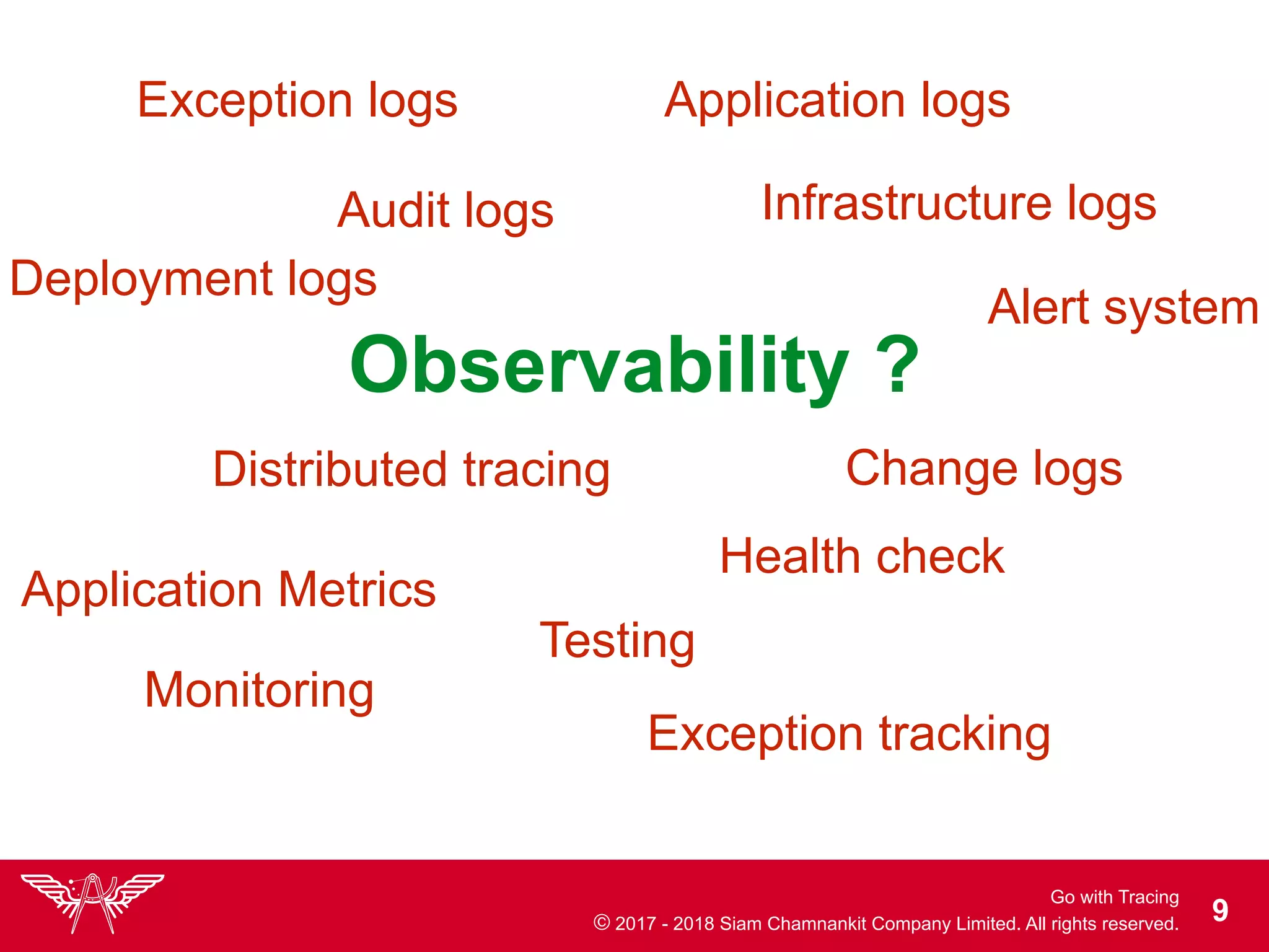 Go with Tracing
© 2017 - 2018 Siam Chamnankit Company Limited. All rights reserved. !9
Observability ?
Audit logs
Exception logs Application logs
Infrastructure logs
Application Metrics
Exception tracking
Health check
Change logs
Deployment logs
Distributed tracing
Monitoring
Testing
Alert system
 