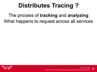 Go with Tracing
© 2017 - 2018 Siam Chamnankit Company Limited. All rights reserved. !31
Distributes Tracing ?
What happens to request across all services
The process of tracking and analyzing
 