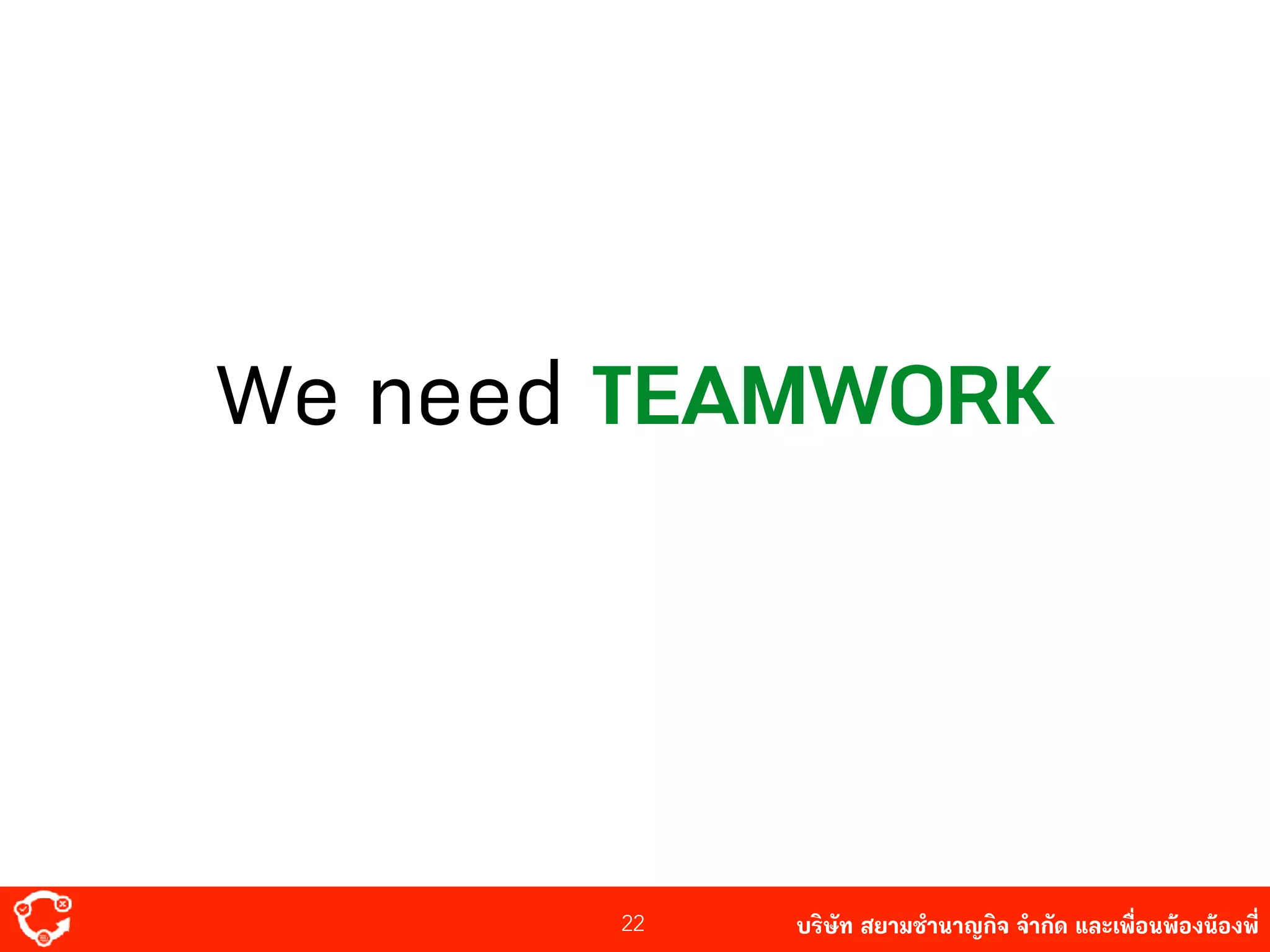 บริษัท สยาม๡ํานาญกิจ จํากัด และเพื่อนพ้องน้องพี่
We need TEAMWORK
22
 