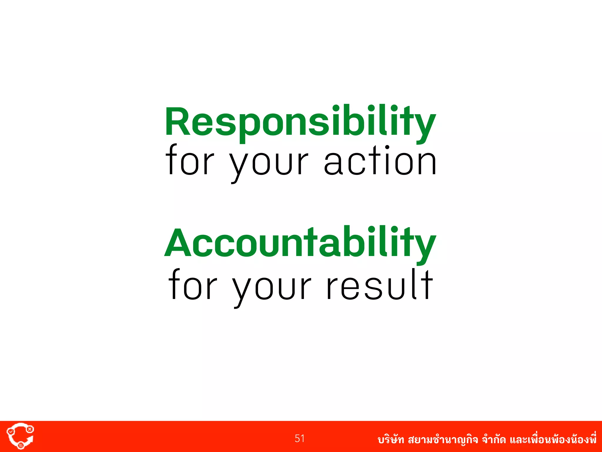 บริษัท สยาม๡ํานาญกิจ จํากัด และเพื่อนพ้องน้องพี่51
Responsibility
Accountability
for your action
for your result
 
