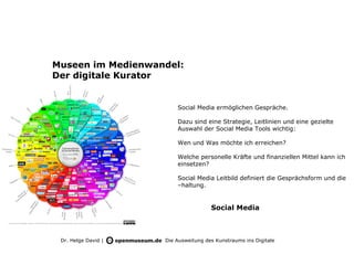 Museen im Medienwandel:
Der digitale Kurator


                         Social Media ermöglichen Gespräche.

                         Dazu sind eine Strategie, Leitlinien und eine gezielte
                         Auswahl der Social Media Tools wichtig:

                         Wen und Was möchte ich erreichen?

                         Welche personelle Kräfte und finanziellen Mittel kann ich
                         einsetzen?

                         Social Media Leitbild definiert die Gesprächsform und die
                         –haltung.


                                      Social Media



 Dr. Helge David |   Die Ausweitung des Kunstraums ins Digitale
 